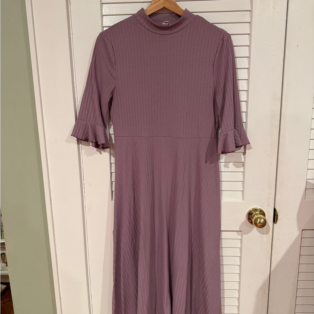 Mauve Ribbed Knit Midi Dress | Mock Neck | Ruffle Sleeve | A-Line